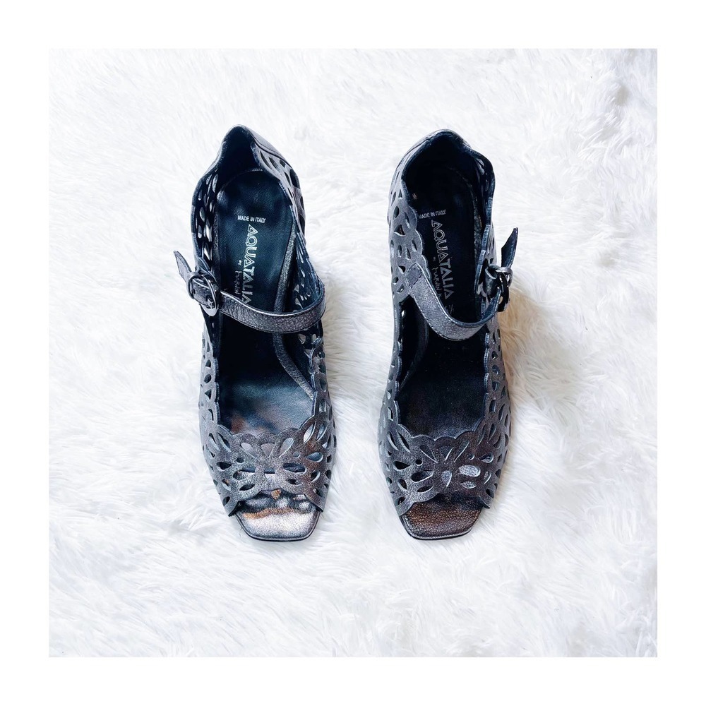 Aquatalia Metallic Grey Open Toe Heels Laser Etched Lace SZ6.5 Italy